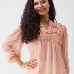 AASK Self Design Puff Sleeves Pleated A-Line Top-image-33