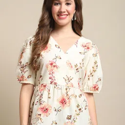 Cantabil Floral Printed Puff Sleeves A-Line Top-picture-42
