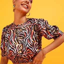 Popwings Animal Printed Satin Crop Regular Top-picture-6