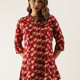 Divena Floral Printed Mandarin Collar Shirt Style Longline Top-11