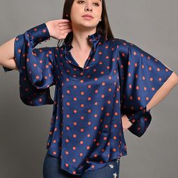 NoBarr Polka Dot Print Mandarin Collar Flared Sleeve Top-image-37