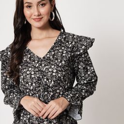 Kotty Floral Print Bell Sleeve Ruffles Crepe Top-image-56