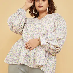 max Plus Size Floral Printed Puff Sleeves Pure Cotton Top-27