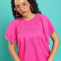 Tokyo Talkies Pink Round Neck Flutter Sleeve Top-image-6