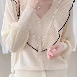 StyleCast Cream-Coloured Girls Self Design V-Neck Cuffed Sleeves Ruffles Detail Top-image-53