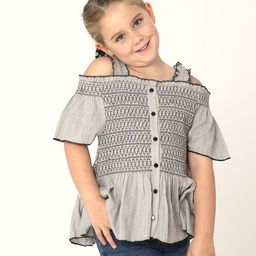 Cherry Crumble Girls Grey & Black Embroidered Cotton A-Line Top-image-57