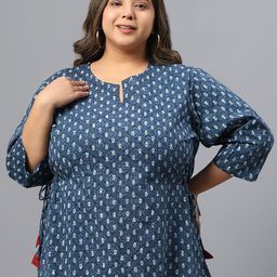 Indietoga Plus Size Ethnic Motif Printed Indigo Pure Cotton A-Line Top-5