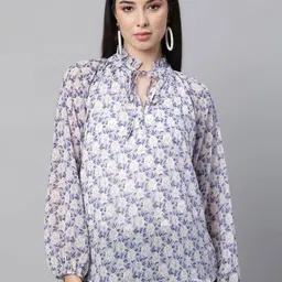 Global Republic Floral Printed Tie-Up Neck Puff Sleeve Top-image-1