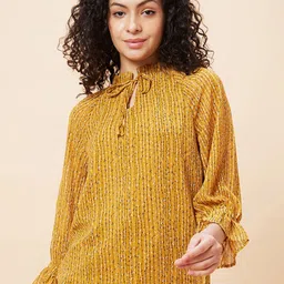 Globus Yellow Vertical Striped Tie-Up Neck Cuffed Sleeves Gathered Regular Top-38