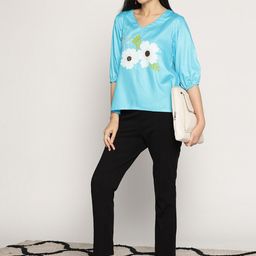 LetsDressUp Floral Printed V-Neck Puff Sleeves High-Low Top-image-88