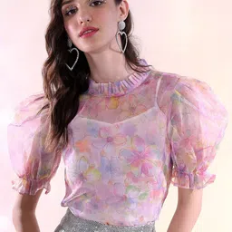 Tokyo Talkies Floral Printed Puff Sleeve Regular Top-image-46
