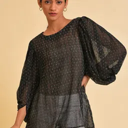 W Black Self Design Puff Sleeves Top-picture-53