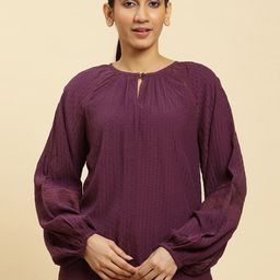 W Purple Self Designed Keyhole Neck Puff Sleeve Top-image-64