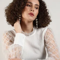 Campus Sutra Self Design Textured High Neck Cuffed Sleeves Semi Sheer Casual Top-image-81