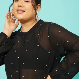 QUIERO MAS Plus Size Printed Band Collar Puff Sleeves Georgette Regular Top image 2