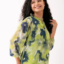 AASK Abstract Printed Puff Sleeves Gathered Detailed Top image 5