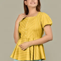 YASH GALLERY Mustard Yellow & White Geometric Print A-Line Top image 3