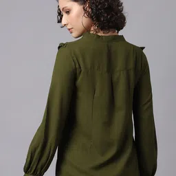 La Zoire Olive Green Tie-Up Neck Ruffles Top image 5