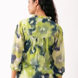 AASK Abstract Printed Puff Sleeves Gathered Detailed Top image 2