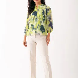 AASK Abstract Printed Puff Sleeves Gathered Detailed Top image 4