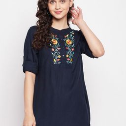 Ruhaans Navy Blue & Green Embroidered Mandarin Collar Tunic-58