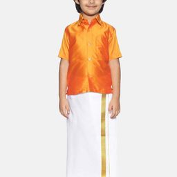 Sethukrishna Boys Orange & White Solid Shirt and Veshti Set-30