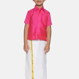 Sethukrishna Boys Pink & White Solid Shirt and Veshti Set-46