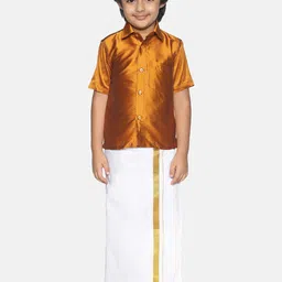 Sethukrishna Boys Mustard Brown & White Solid Shirt and Veshti Set-picture-5
