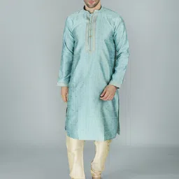 Exotic India Ethnic Motifs Woven Design Brocade Mandarin Collar Straight Kurta & Churidar-image-99