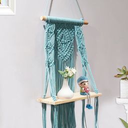 Homesake Turquoise Blue Macrame Hanging Wall Shelf With 3-Tier Floating Wooden Planks-11