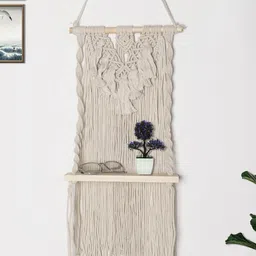 Decazone Beige Wood Macrame Wall Hanging Shelf-41