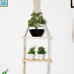 Decazone Beige Wood 2-Tier Macrame Hanging Wall Shelf-picture-20
