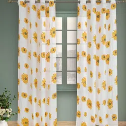 HOMEMONDE White & Yellow 2 Pieces Floral Sheer Cotton Door Curtains-15