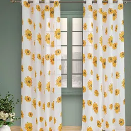 HOMEMONDE Yellow & White 2 Pieces Floral Sheer Cotton Long Door Curtains-36