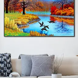 nestroots Blue & Red Ducks Over Serene River Canvas Painting Wall Art-picture-25