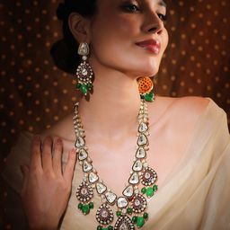 Rubans 22K Gold-Plated Kundan & Ruby Stone Studded & Green Beaded Bridal Necklace Set-image-76