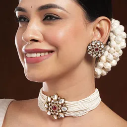 Rubans 22K Gold-Plated Kundan & Ruby Studded Multi-Strand Pearl Beaded Choker Necklace Set-7