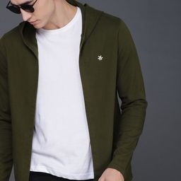 WROGN Men Olive Green Solid Hooded Slim Fit Lightweight Sweatshirt-image-45