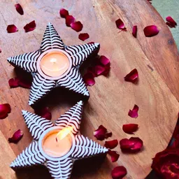 WEAVING HOMES Brown & White 2 Pieces Textured Wooden Pine Tea Light Candle Holders-picture-20