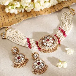 Rubans 22K Gold-Plated Kundan & Ruby Accents Multi-Strand Pearl Beaded Choker Necklace Set image 4