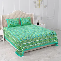 Qfab Green Floral 144 TC Queen Bedsheet with 2 Pillow Covers-picture-34