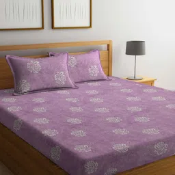 Myntra Elegant Homes Purple & White Floral 400 TC King Bedsheet with 2 Pillow Covers-14