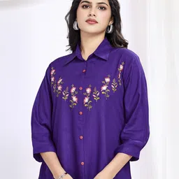 MOJILAA Floral Embroidered Roll-Up Sleeves Shirt Style Top-picture-11