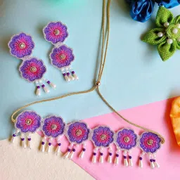 Sangria Purple Gold-Plated Artificial Beaded Floral Boho Bridal Jewellery Set-picture-7