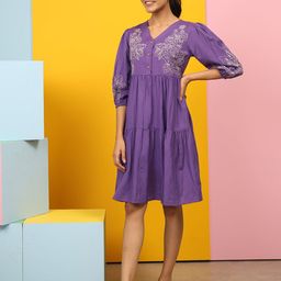 MISRI Women V-Neck Puff Sleeves A-Line Dress-image-60