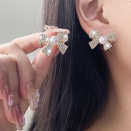 FIMBUL Gold-Plated Pearls & Artificial Stones Studded Beaded Bow Shaped Studs image 3