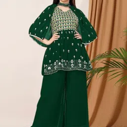 PARROT CREATION Floral Embroidered V-Neck Sequinned A-Line Kurti With Palazzo And Cape-image-21