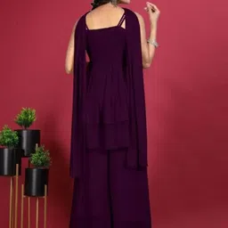 PARROT CREATION Floral Embroidered Sequinned Georgette Kurti With Palazzos And Dupatta image 3