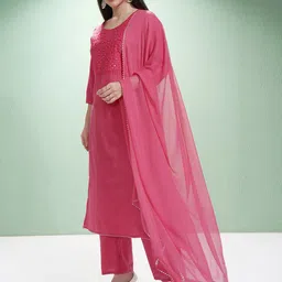 Vishudh Women Embroidered Regular Mirror Work Kurta with Trousers & With Dupatta image 5