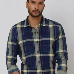 Mufti Men Spread Collar Tartan Checks Checked Cotton Slim Fit Casual Shirt-image-100